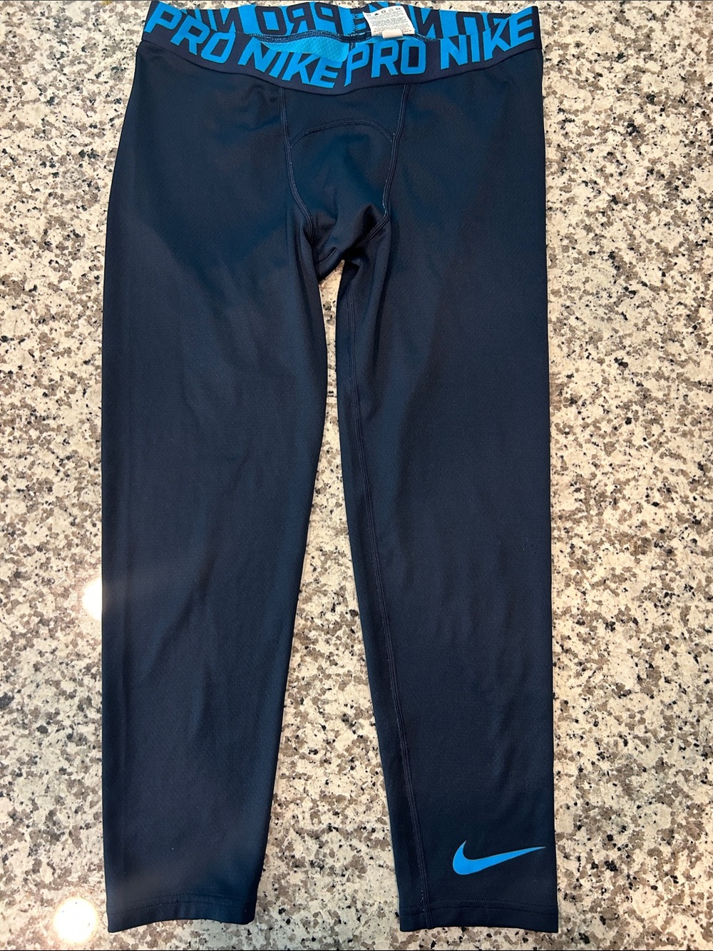 Nike Black Compression Leggings with Blue Logo and Waistband